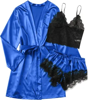 Women's Silk Satin Pajamas Sets 3 Piece Sexy Floral Lace Cami Top Sleepwear and Robes with Belt Smooth Nightwear