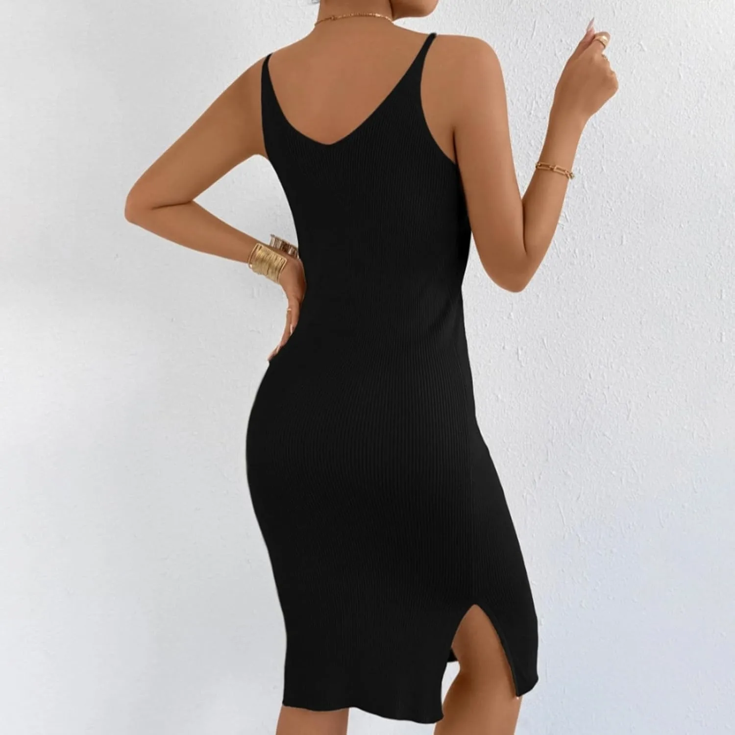 Women's Sleeveless Bodycon Dress Ribbed Knit Summer Midi Dress Casual Slim Fit Spaghetti Strap Dress