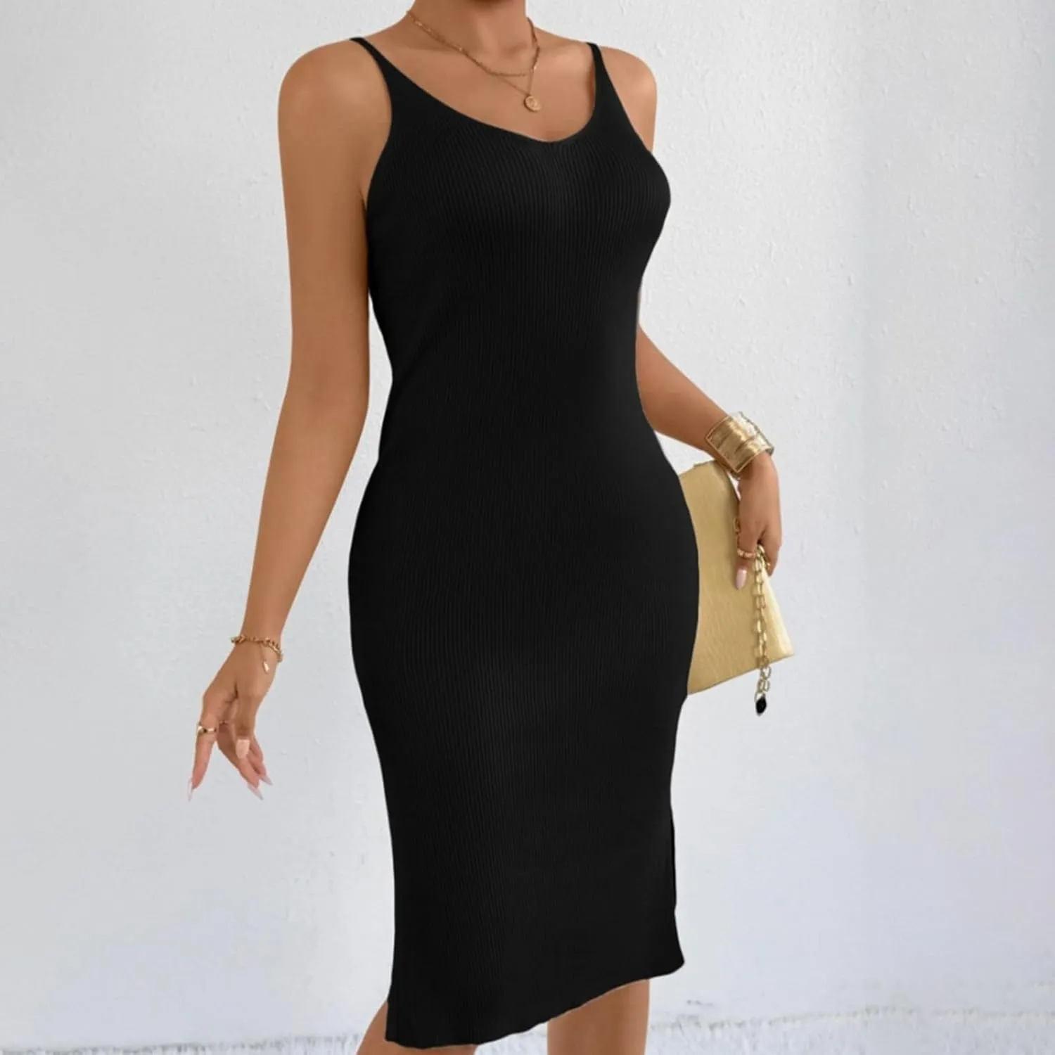 Women's Sleeveless Bodycon Dress Ribbed Knit Summer Midi Dress Casual Slim Fit Spaghetti Strap Dress