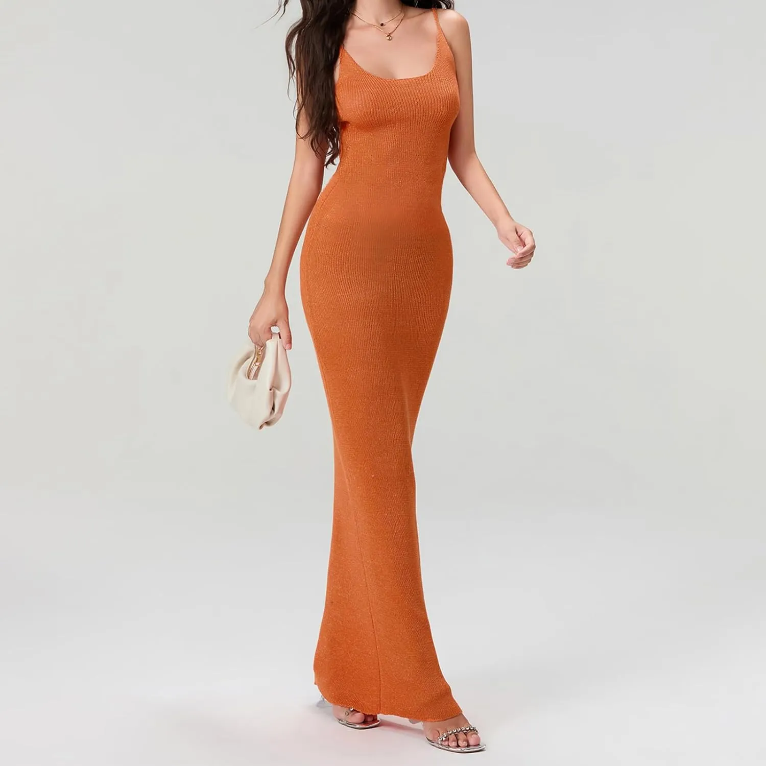 Women's Sleeveless Bodycon Slip Dress Ribbed Knit Sparkle Spaghetti Strap Backless Maxi Long Dresses