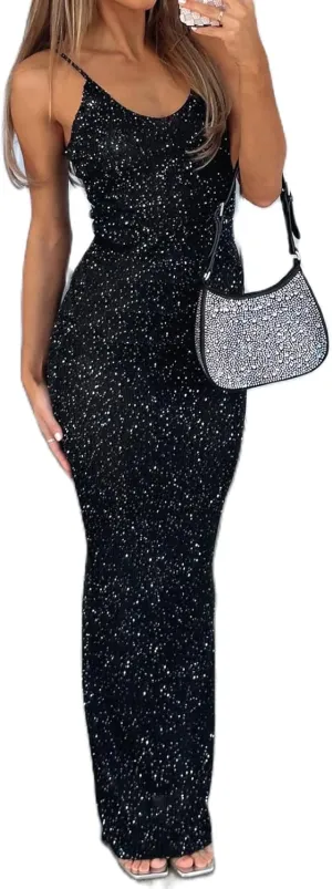 Women's Sleeveless Bodycon Slip Dress Ribbed Knit Sparkle Spaghetti Strap Backless Maxi Long Dresses