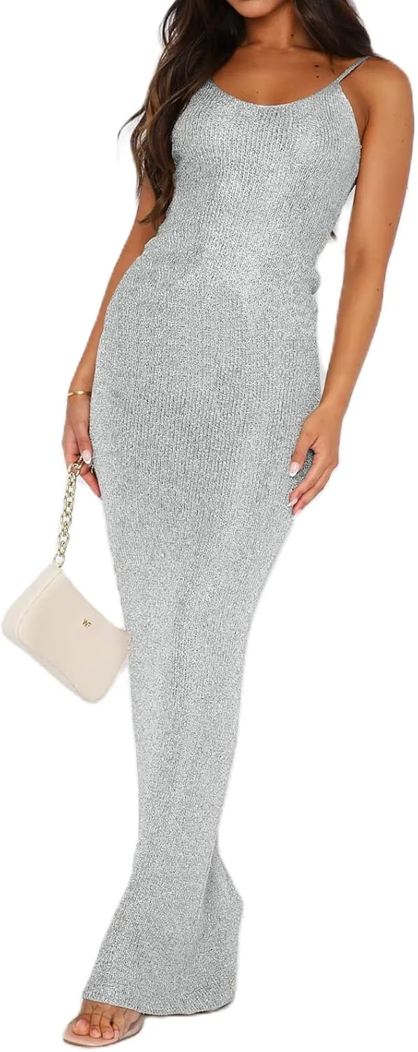 Women's Sleeveless Bodycon Slip Dress Ribbed Knit Sparkle Spaghetti Strap Backless Maxi Long Dresses