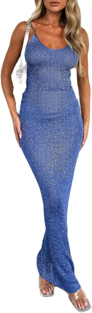 Women's Sleeveless Bodycon Slip Dress Ribbed Knit Sparkle Spaghetti Strap Backless Maxi Long Dresses
