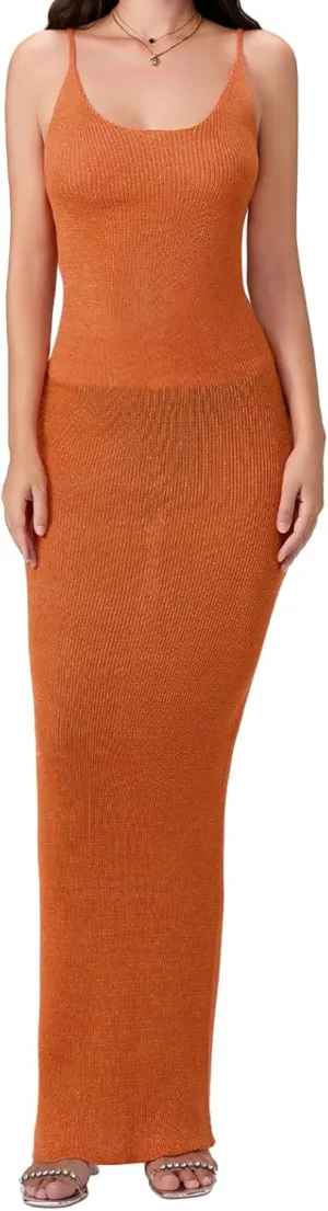 Women's Sleeveless Bodycon Slip Dress Ribbed Knit Sparkle Spaghetti Strap Backless Maxi Long Dresses