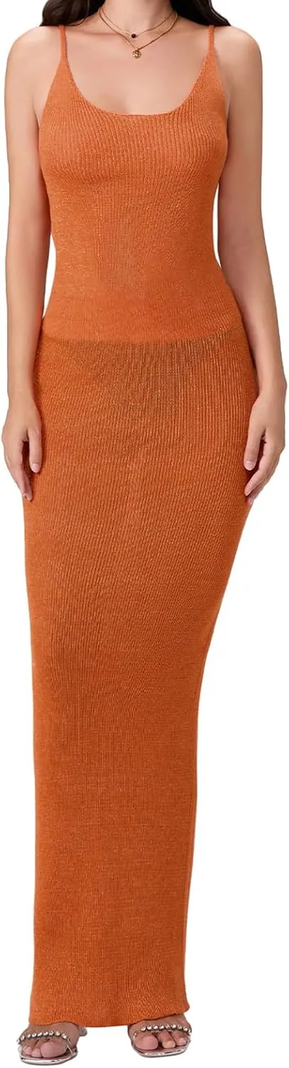 Women's Sleeveless Bodycon Slip Dress Ribbed Knit Sparkle Spaghetti Strap Backless Maxi Long Dresses