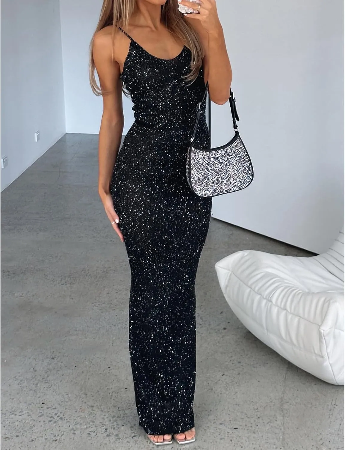 Women's Sleeveless Bodycon Slip Dress Ribbed Knit Sparkle Spaghetti Strap Backless Maxi Long Dresses
