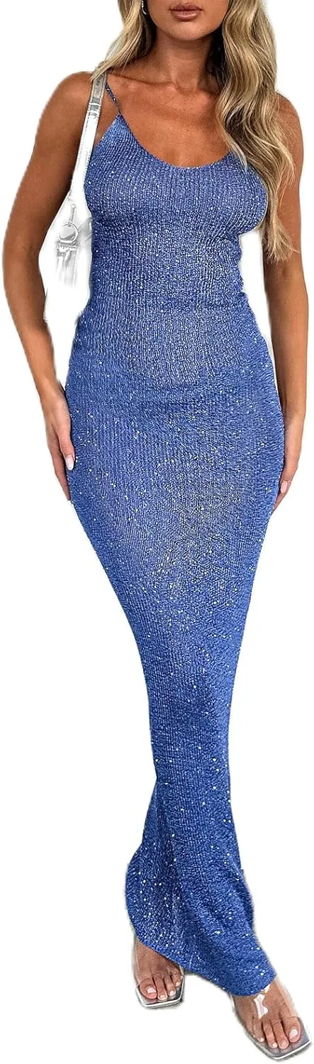 Women's Sleeveless Bodycon Slip Dress Ribbed Knit Sparkle Spaghetti Strap Backless Maxi Long Dresses