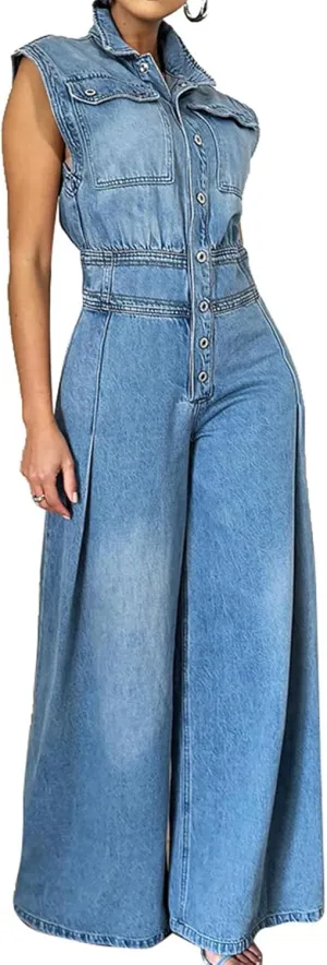 Women's Sleeveless Denim Jumpsuits High Waisted Wide Leg Jumpsuit Summer Jean Pants Rompers