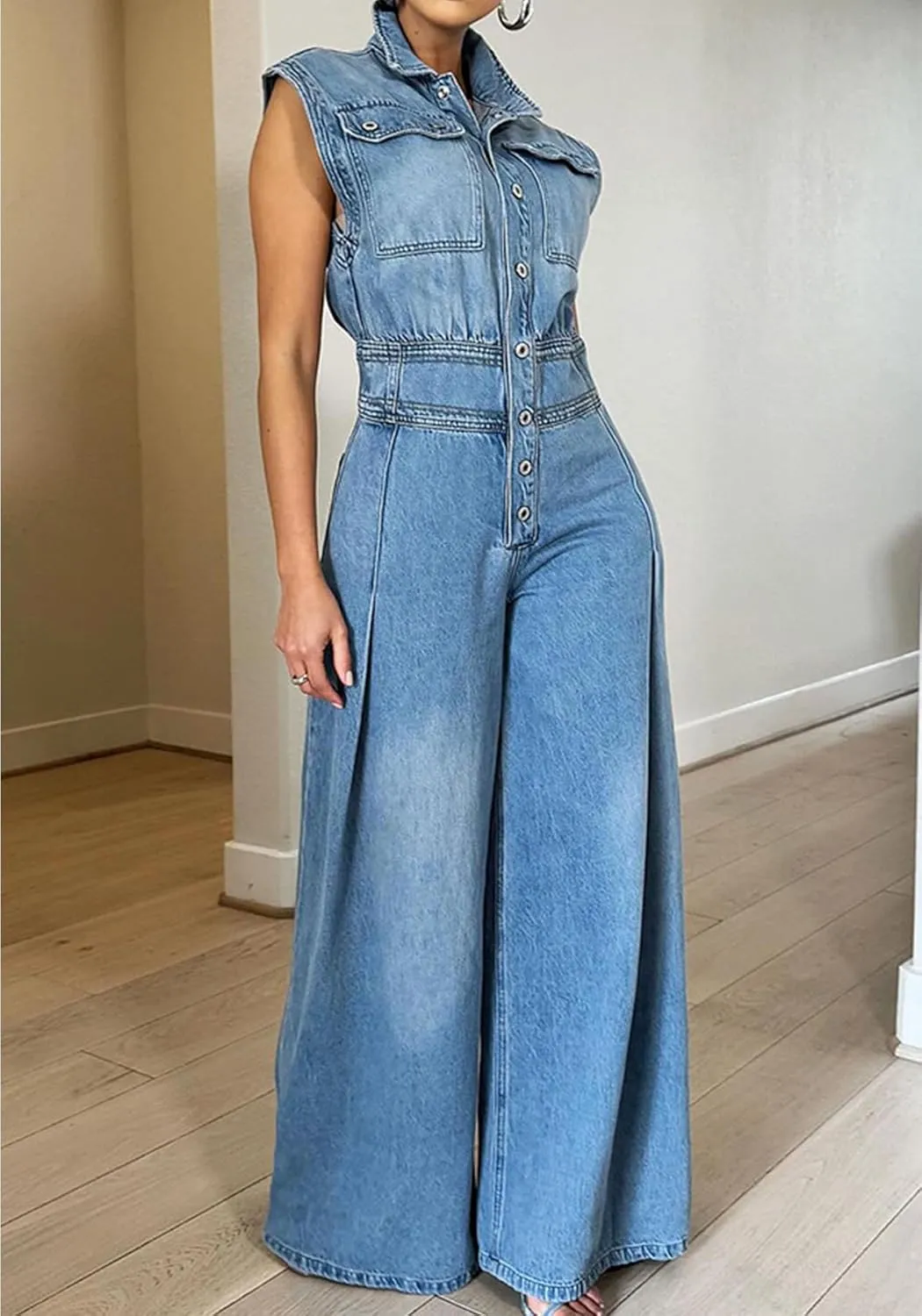 Women's Sleeveless Denim Jumpsuits High Waisted Wide Leg Jumpsuit Summer Jean Pants Rompers