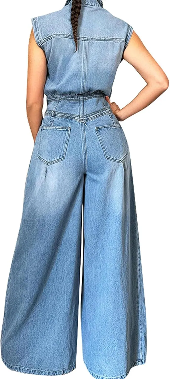 Women's Sleeveless Denim Jumpsuits High Waisted Wide Leg Jumpsuit Summer Jean Pants Rompers