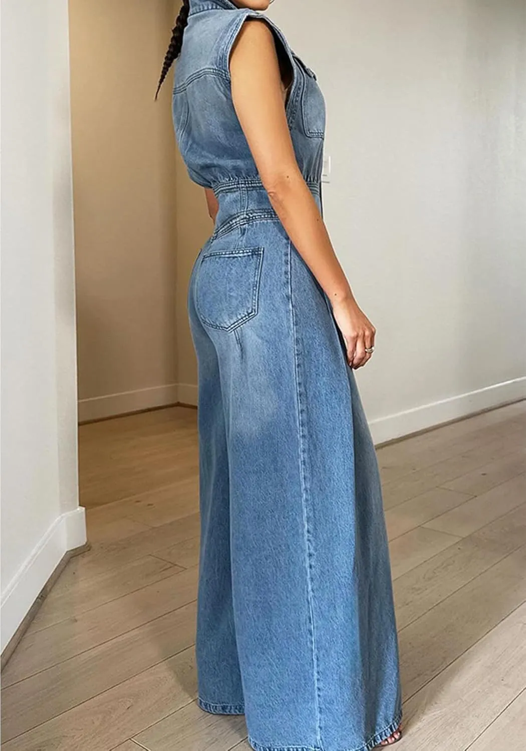 Women's Sleeveless Denim Jumpsuits High Waisted Wide Leg Jumpsuit Summer Jean Pants Rompers
