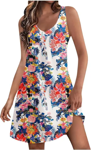 Womens Sleeveless Floral Sundress Casual Summer Dress Beach Vacation Dress Lightweight A-Line Tank Dresses
