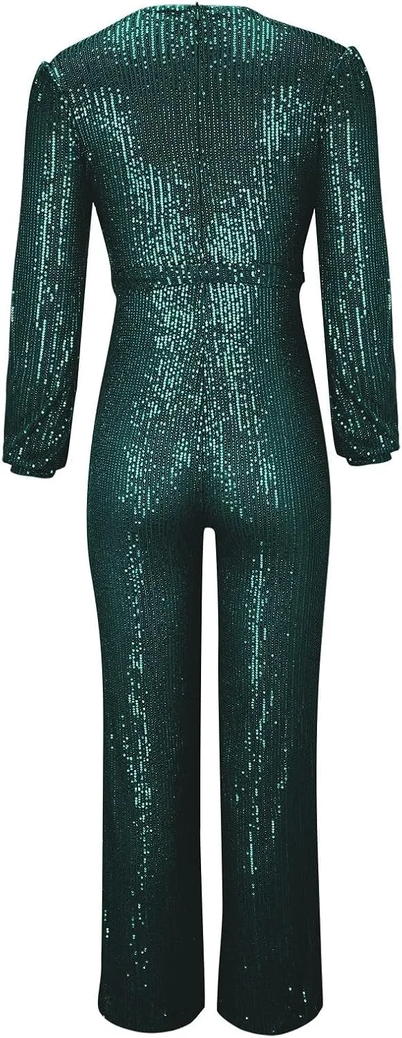 Women's Sparkly Sequin Jumpsuits Sexy Deep V Neck Rompers High Waisted Wide Leg Long Sleeve Party Club Pants with Belt