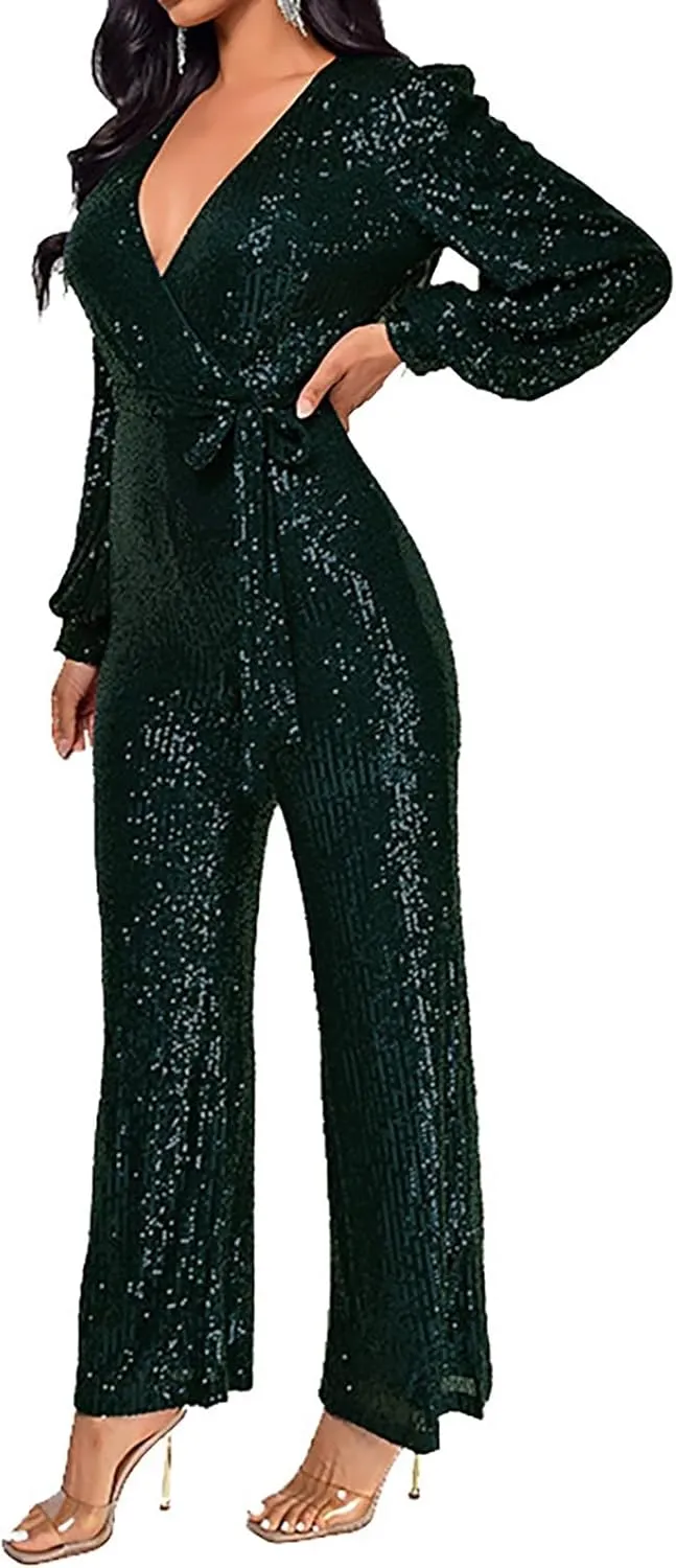 Women's Sparkly Sequin Jumpsuits Sexy Deep V Neck Rompers High Waisted Wide Leg Long Sleeve Party Club Pants with Belt
