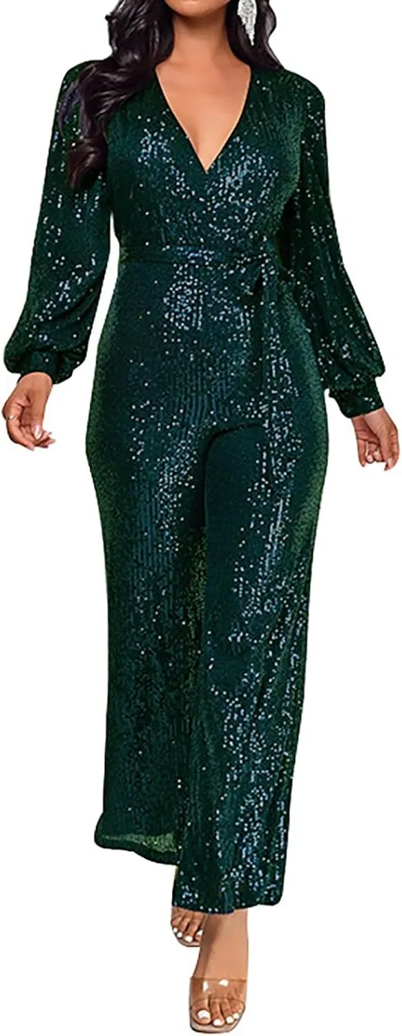 Women's Sparkly Sequin Jumpsuits Sexy Deep V Neck Rompers High Waisted Wide Leg Long Sleeve Party Club Pants with Belt