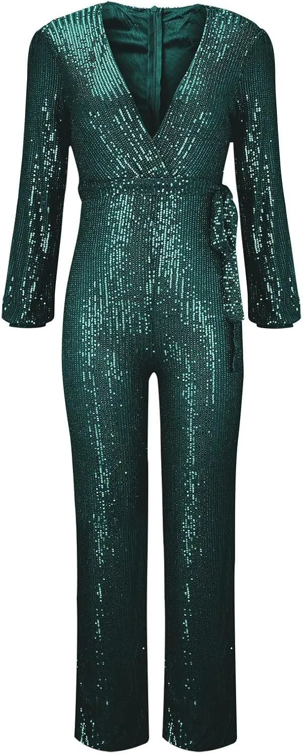 Women's Sparkly Sequin Jumpsuits Sexy Deep V Neck Rompers High Waisted Wide Leg Long Sleeve Party Club Pants with Belt