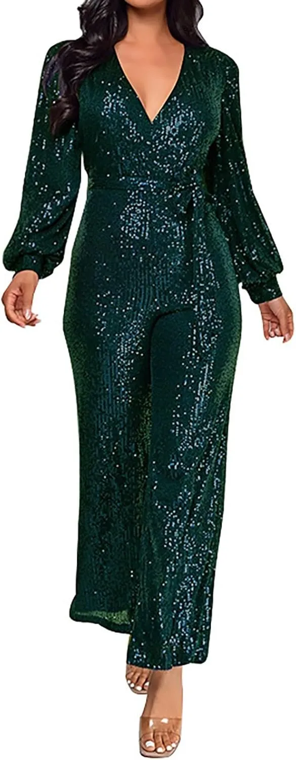 Women's Sparkly Sequin Jumpsuits Sexy Deep V Neck Rompers High Waisted Wide Leg Long Sleeve Party Club Pants with Belt