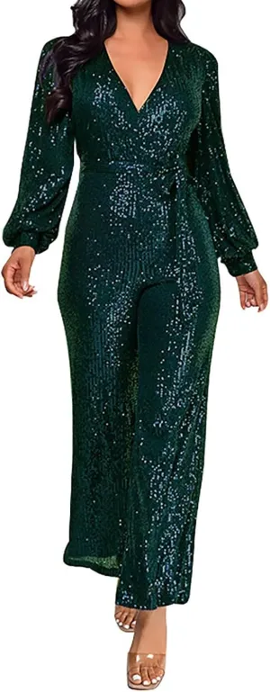 Women's Sparkly Sequin Jumpsuits Sexy Deep V Neck Rompers High Waisted Wide Leg Long Sleeve Party Club Pants with Belt