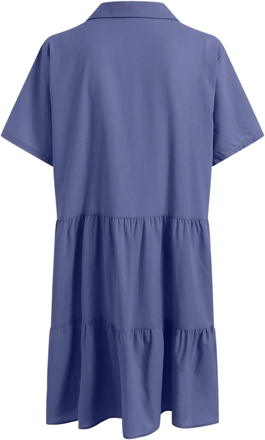 Women's Spring Summer Button-Down Shirt Dress Loose A-Line Midi Shift Tunic Dress Cotton Flowy Dress