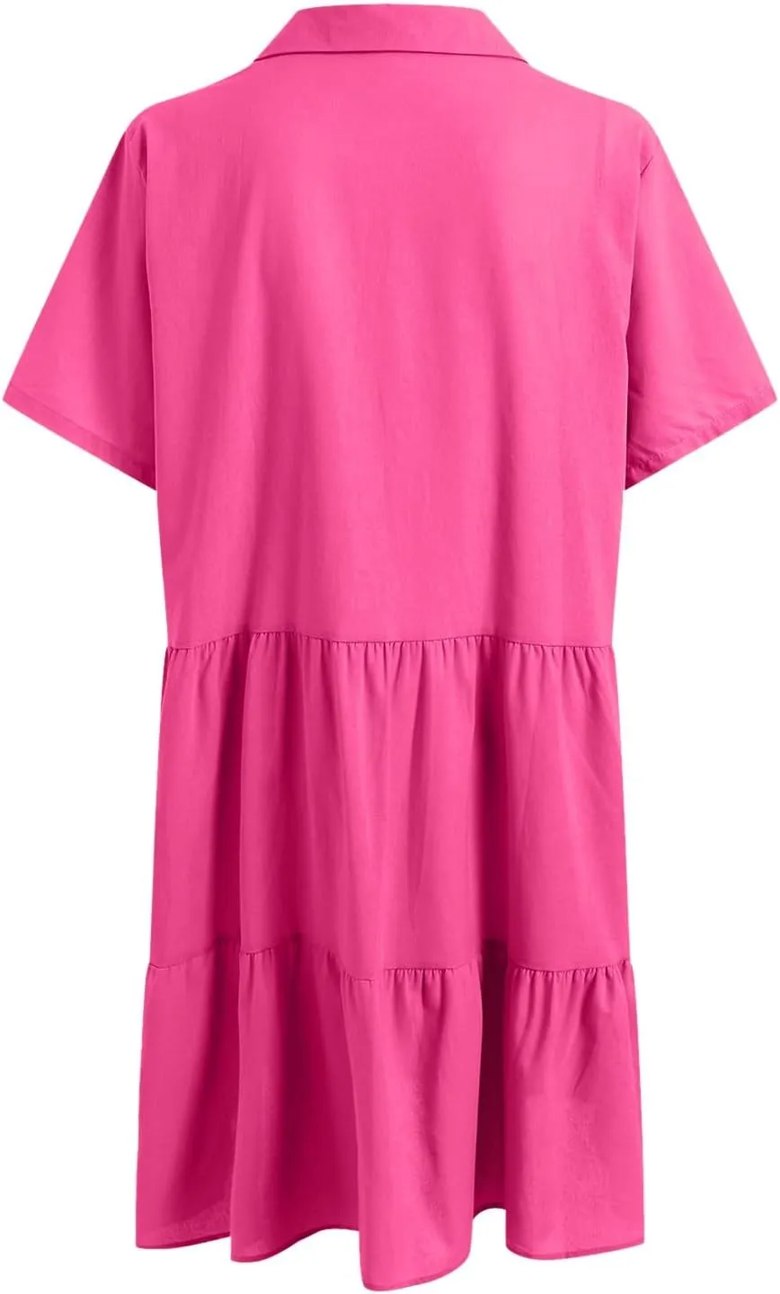 Women's Spring Summer Button-Down Shirt Dress Loose A-Line Midi Shift Tunic Dress Cotton Flowy Dress