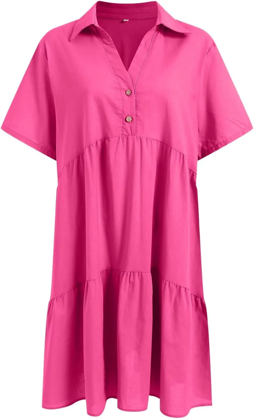 Women's Spring Summer Button-Down Shirt Dress Loose A-Line Midi Shift Tunic Dress Cotton Flowy Dress