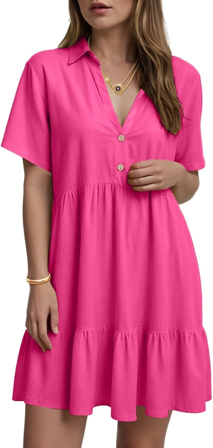 Women's Spring Summer Button-Down Shirt Dress Loose A-Line Midi Shift Tunic Dress Cotton Flowy Dress