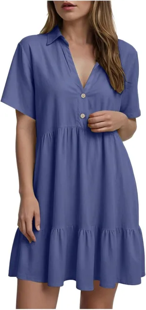 Women's Spring Summer Button-Down Shirt Dress Loose A-Line Midi Shift Tunic Dress Cotton Flowy Dress
