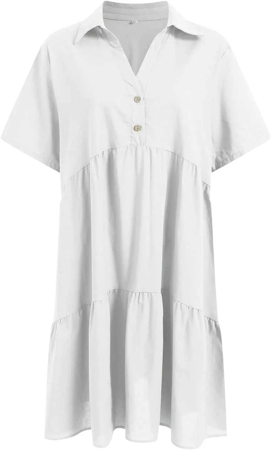 Women's Spring Summer Button-Down Shirt Dress Loose A-Line Midi Shift Tunic Dress Cotton Flowy Dress