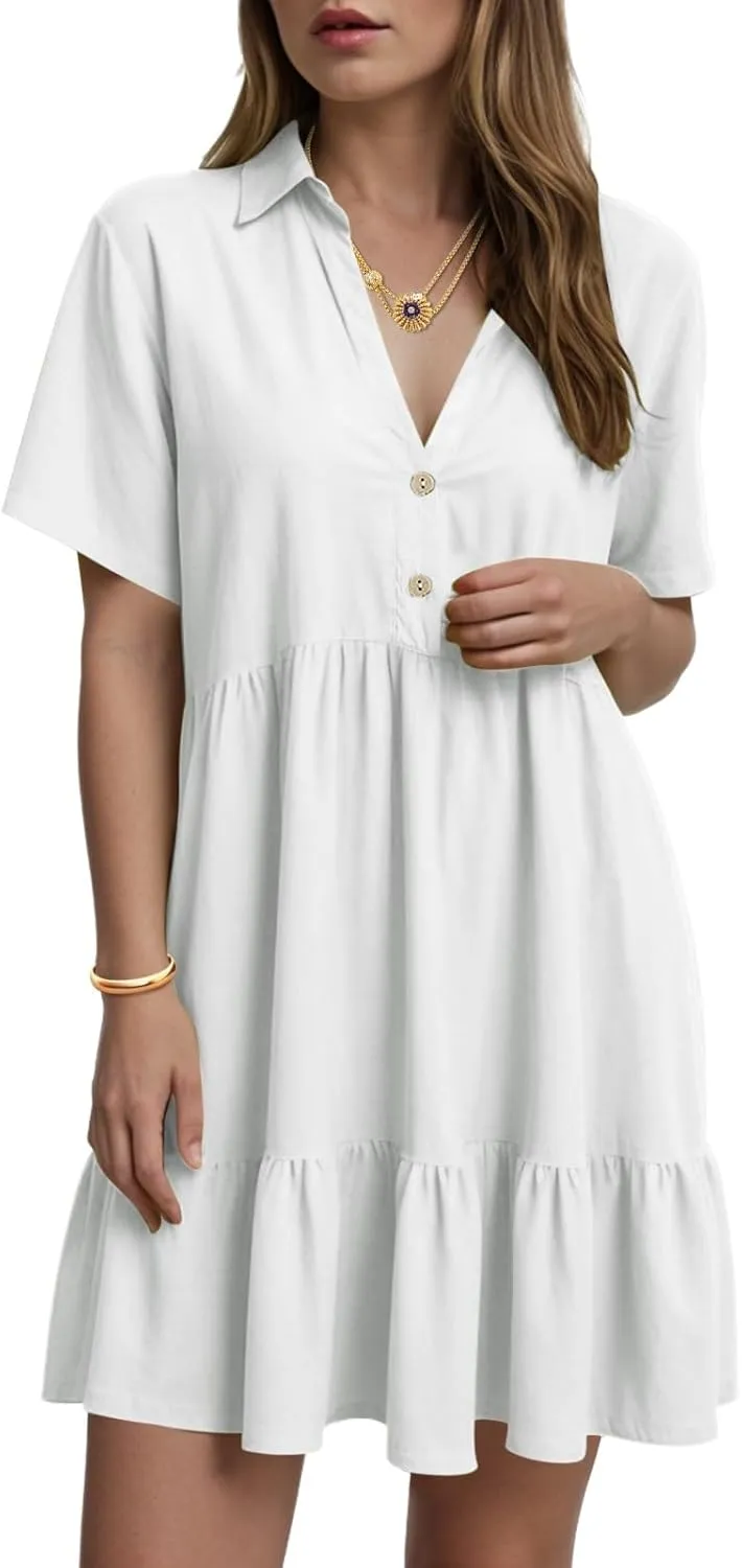 Women's Spring Summer Button-Down Shirt Dress Loose A-Line Midi Shift Tunic Dress Cotton Flowy Dress