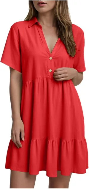 Women's Spring Summer Button-Down Shirt Dress Loose A-Line Midi Shift Tunic Dress Cotton Flowy Dress