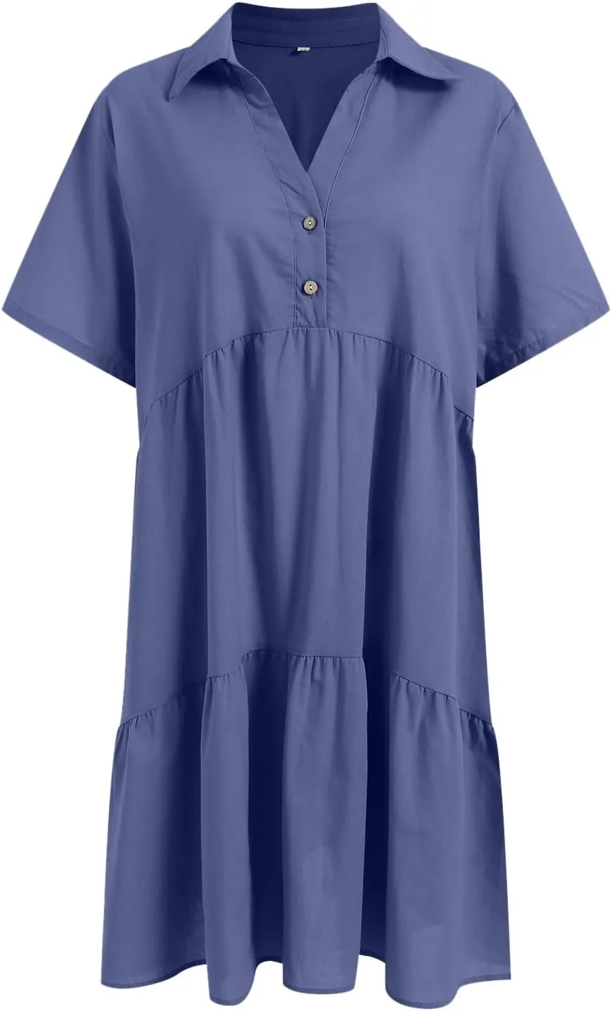 Women's Spring Summer Button-Down Shirt Dress Loose A-Line Midi Shift Tunic Dress Cotton Flowy Dress