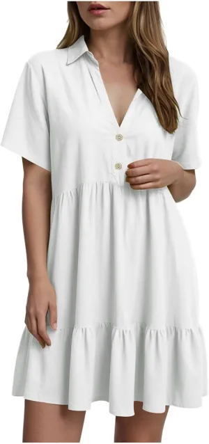 Women's Spring Summer Button-Down Shirt Dress Loose A-Line Midi Shift Tunic Dress Cotton Flowy Dress