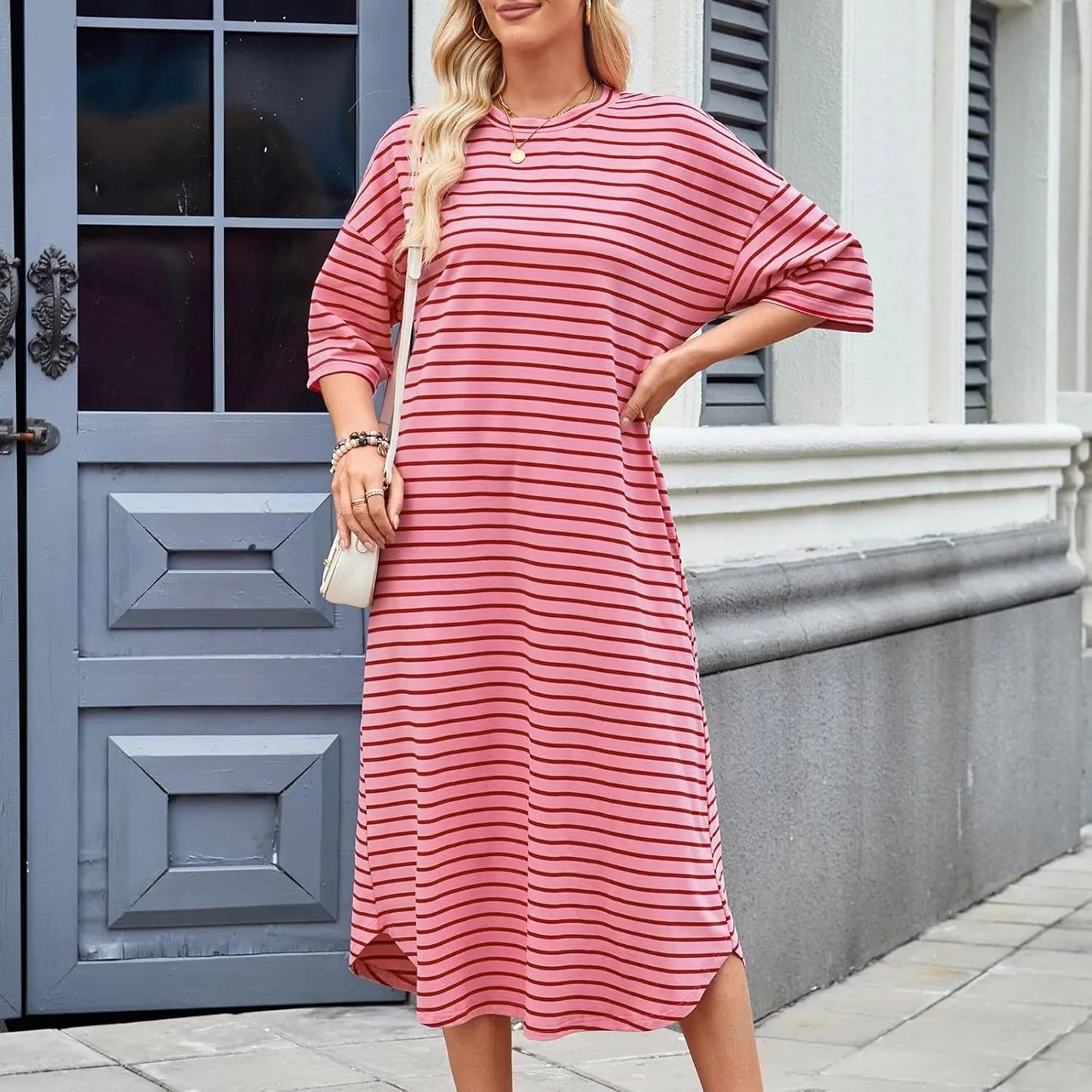 Women's Striped Short Sleeve Long Dress Round Neck Color Block Dresses Summer Casual Flowy Long Dress with Pockets