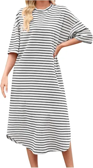 Women's Striped Short Sleeve Long Dress Round Neck Color Block Dresses Summer Casual Flowy Long Dress with Pockets