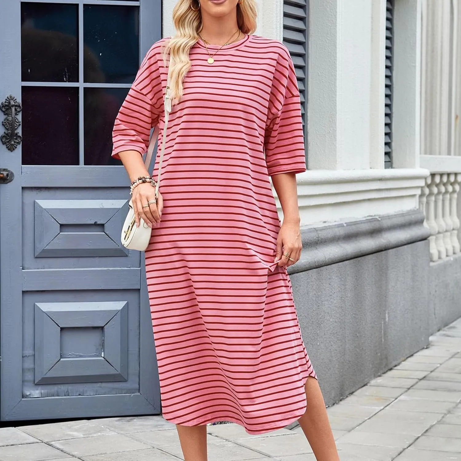 Women's Striped Short Sleeve Long Dress Round Neck Color Block Dresses Summer Casual Flowy Long Dress with Pockets