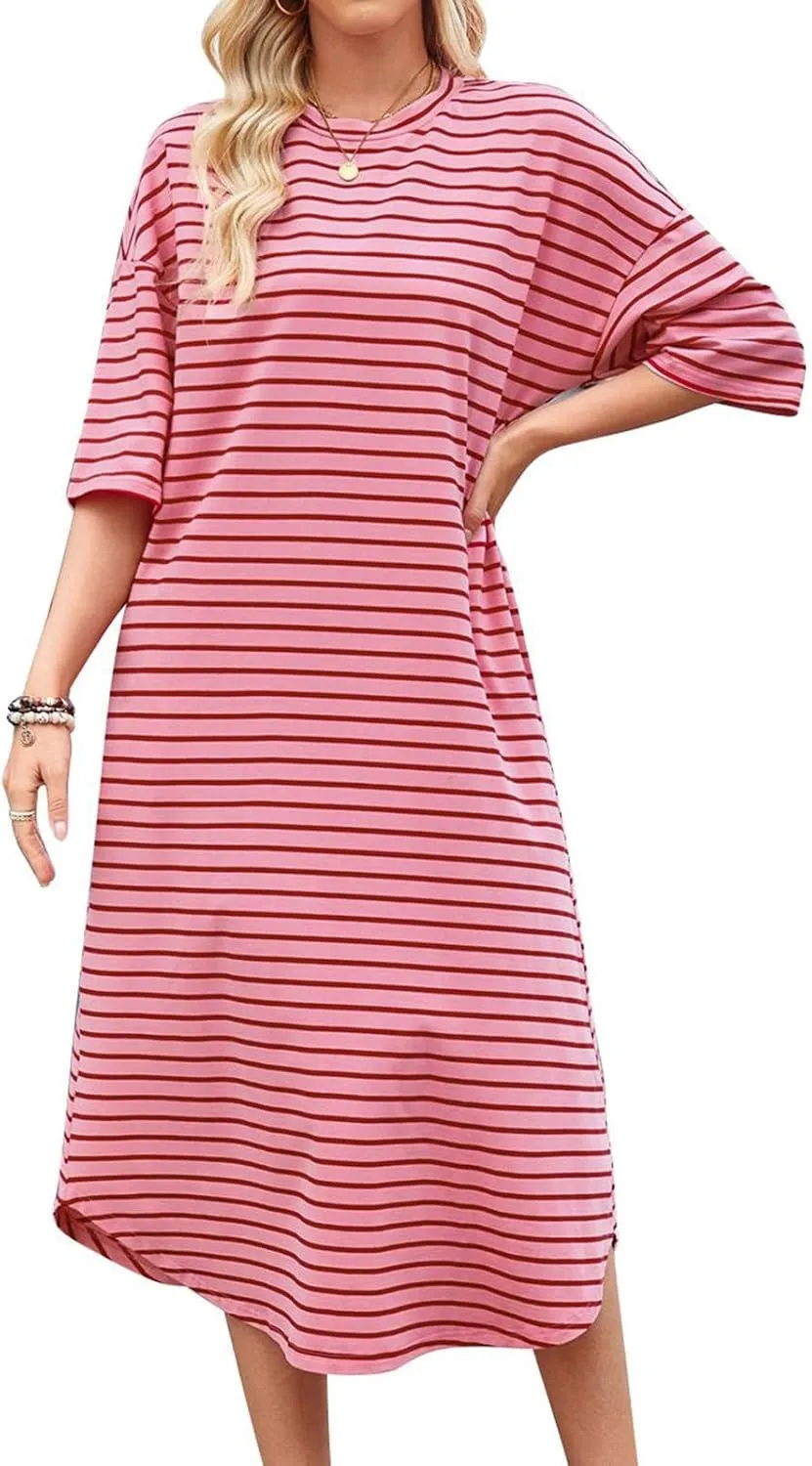 Women's Striped Short Sleeve Long Dress Round Neck Color Block Dresses Summer Casual Flowy Long Dress with Pockets