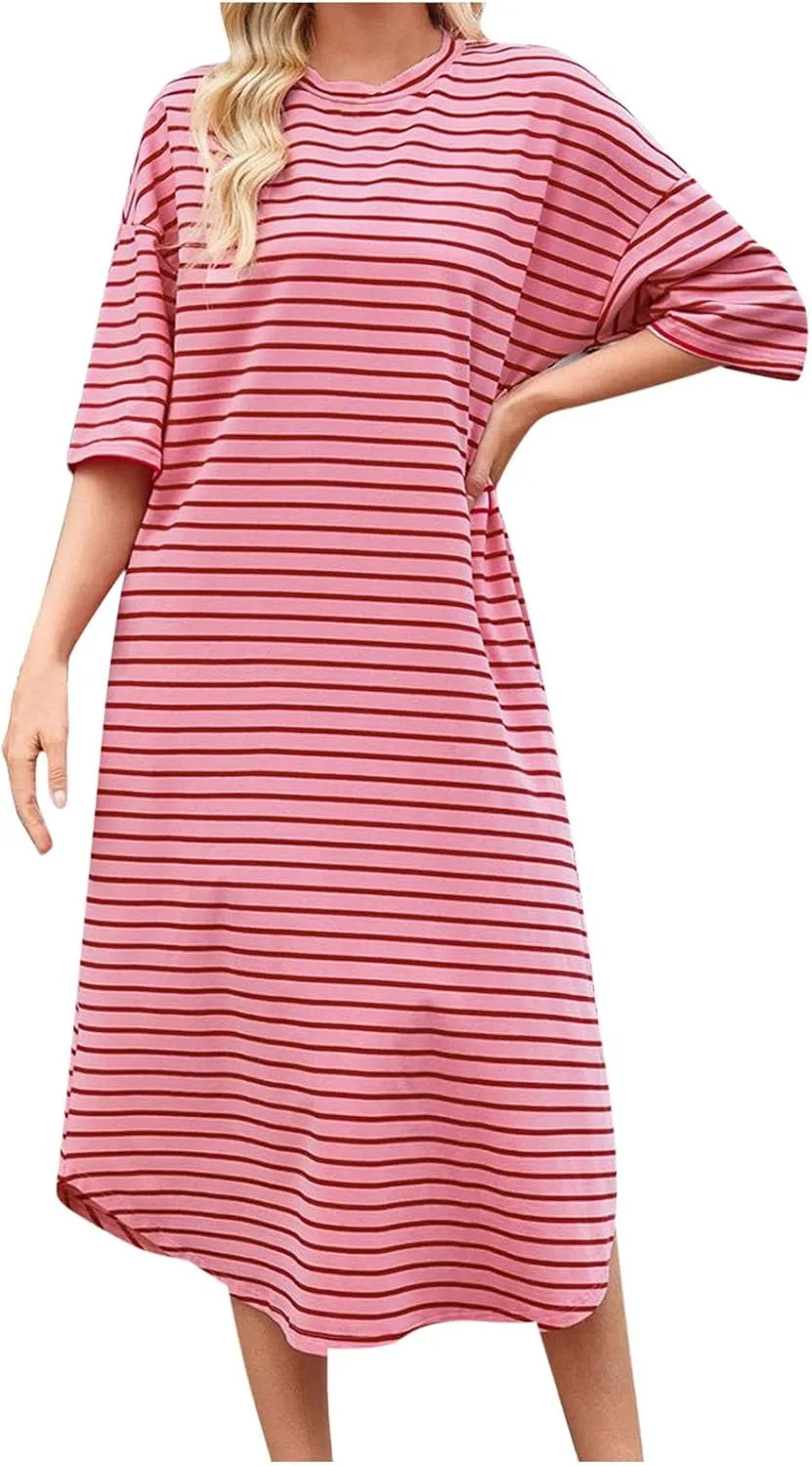 Women's Striped Short Sleeve Long Dress Round Neck Color Block Dresses Summer Casual Flowy Long Dress with Pockets