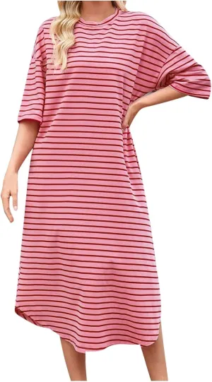Women's Striped Short Sleeve Long Dress Round Neck Color Block Dresses Summer Casual Flowy Long Dress with Pockets