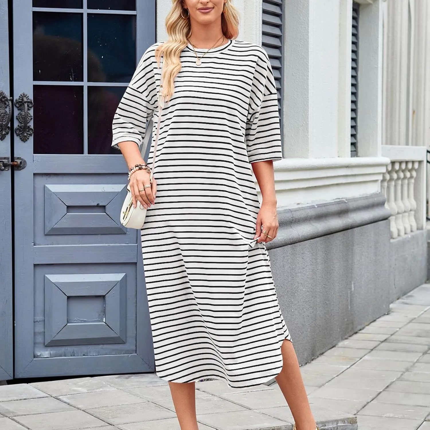 Women's Striped Short Sleeve Long Dress Round Neck Color Block Dresses Summer Casual Flowy Long Dress with Pockets