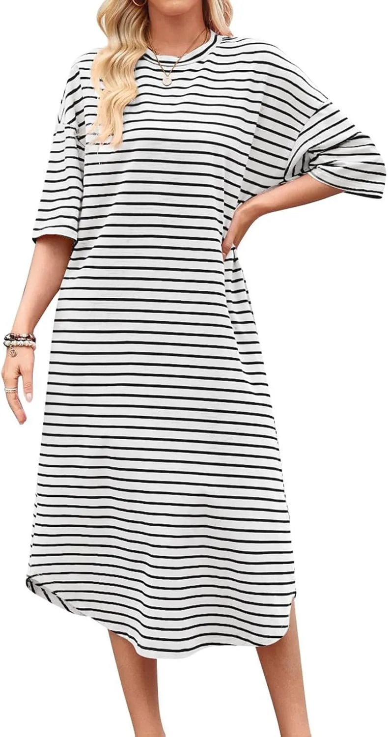 Women's Striped Short Sleeve Long Dress Round Neck Color Block Dresses Summer Casual Flowy Long Dress with Pockets