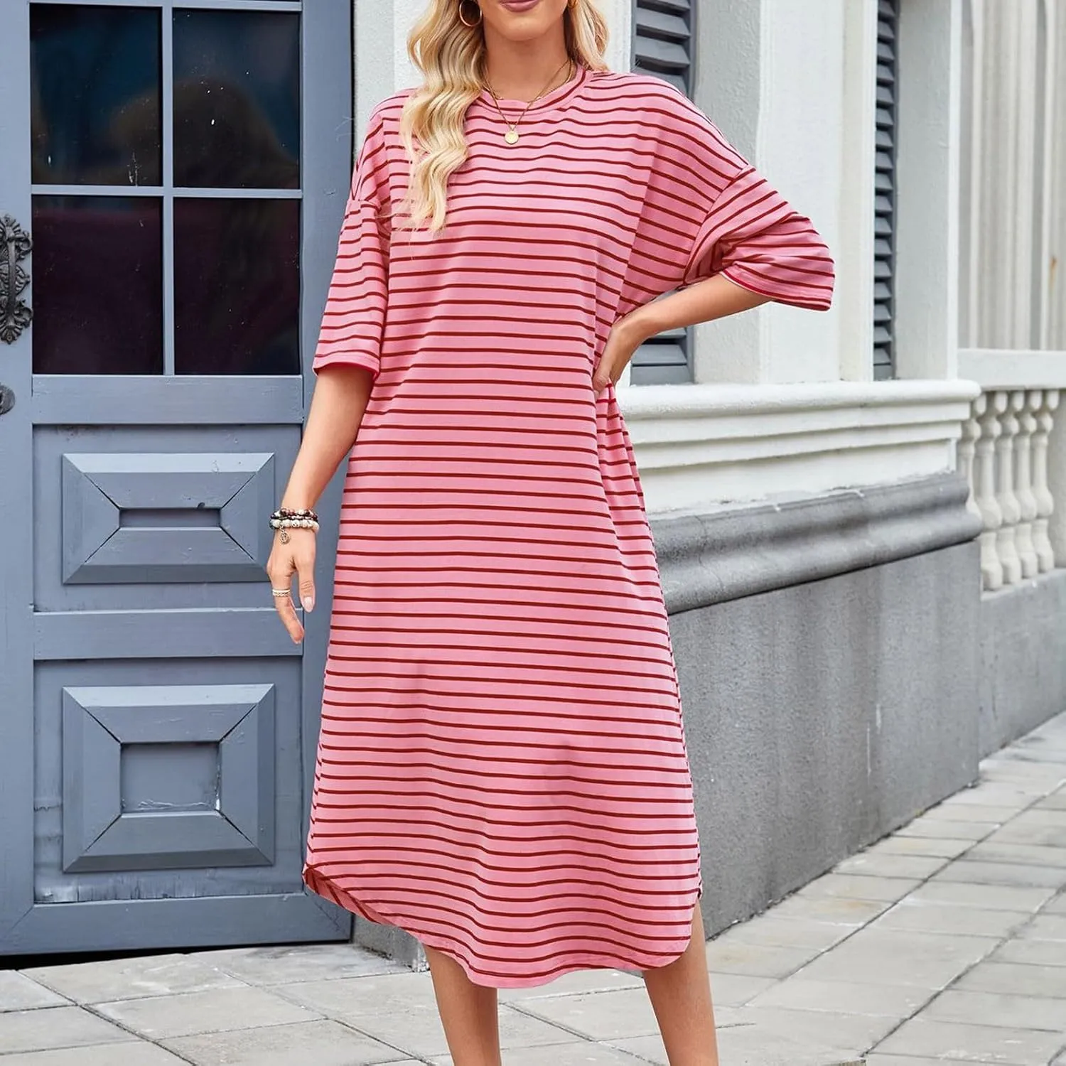 Women's Striped Short Sleeve Long Dress Round Neck Color Block Dresses Summer Casual Flowy Long Dress with Pockets