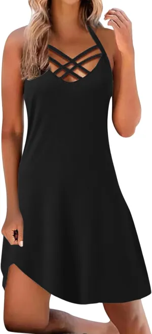 Women's Summer Beach Casual Dress Strappy Caged Scoop Neck Sleeveless Dress Flowy Swing Pocket T-Shirt Dresses