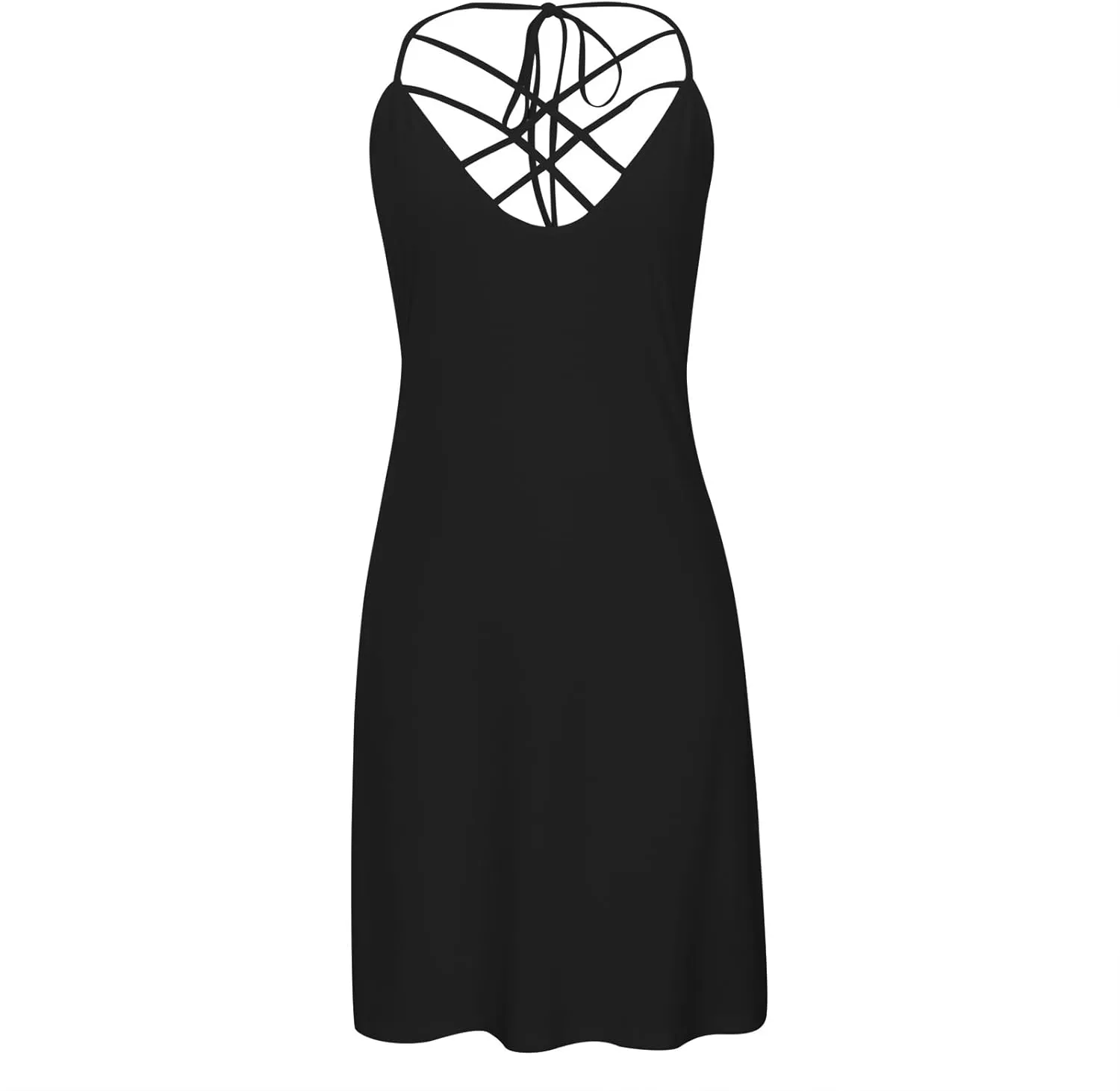 Women's Summer Beach Casual Dress Strappy Caged Scoop Neck Sleeveless Dress Flowy Swing Pocket T-Shirt Dresses
