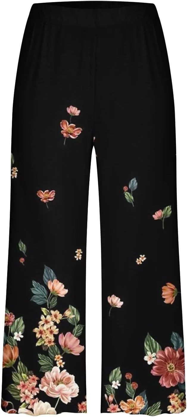 Women's Summer Capris Pajamas Floral Print Short Sleeve Sleepwear Top and Capri Pants 2 Piece Loungewear Sets with Pockets
