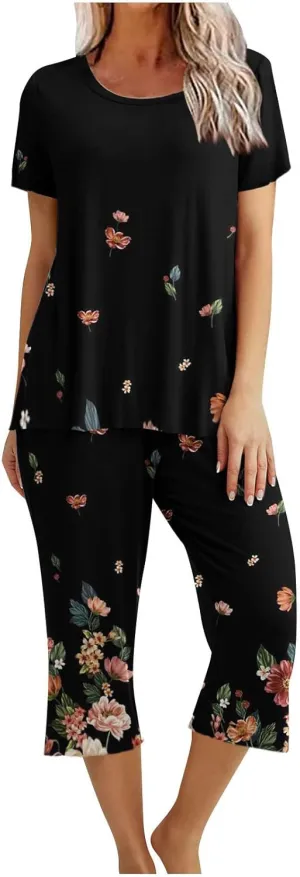 Women's Summer Capris Pajamas Floral Print Short Sleeve Sleepwear Top and Capri Pants 2 Piece Loungewear Sets with Pockets
