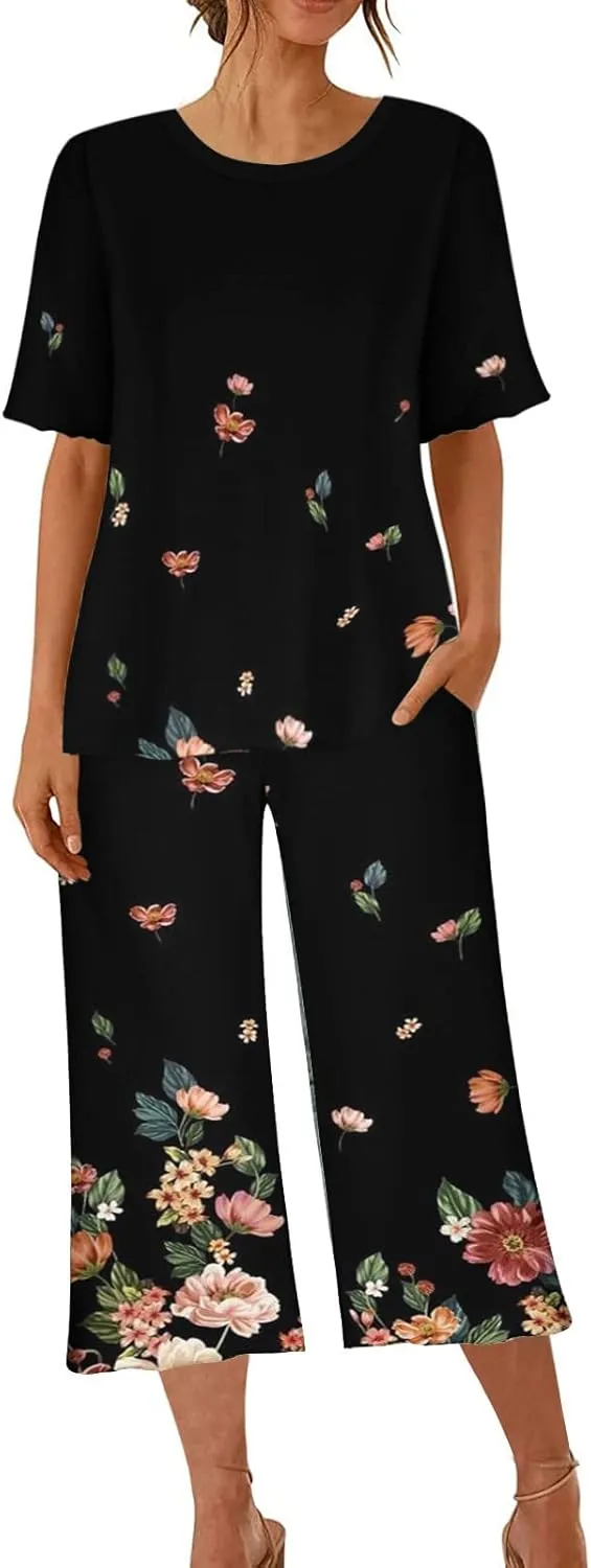 Women's Summer Capris Pajamas Floral Print Short Sleeve Sleepwear Top and Capri Pants 2 Piece Loungewear Sets with Pockets
