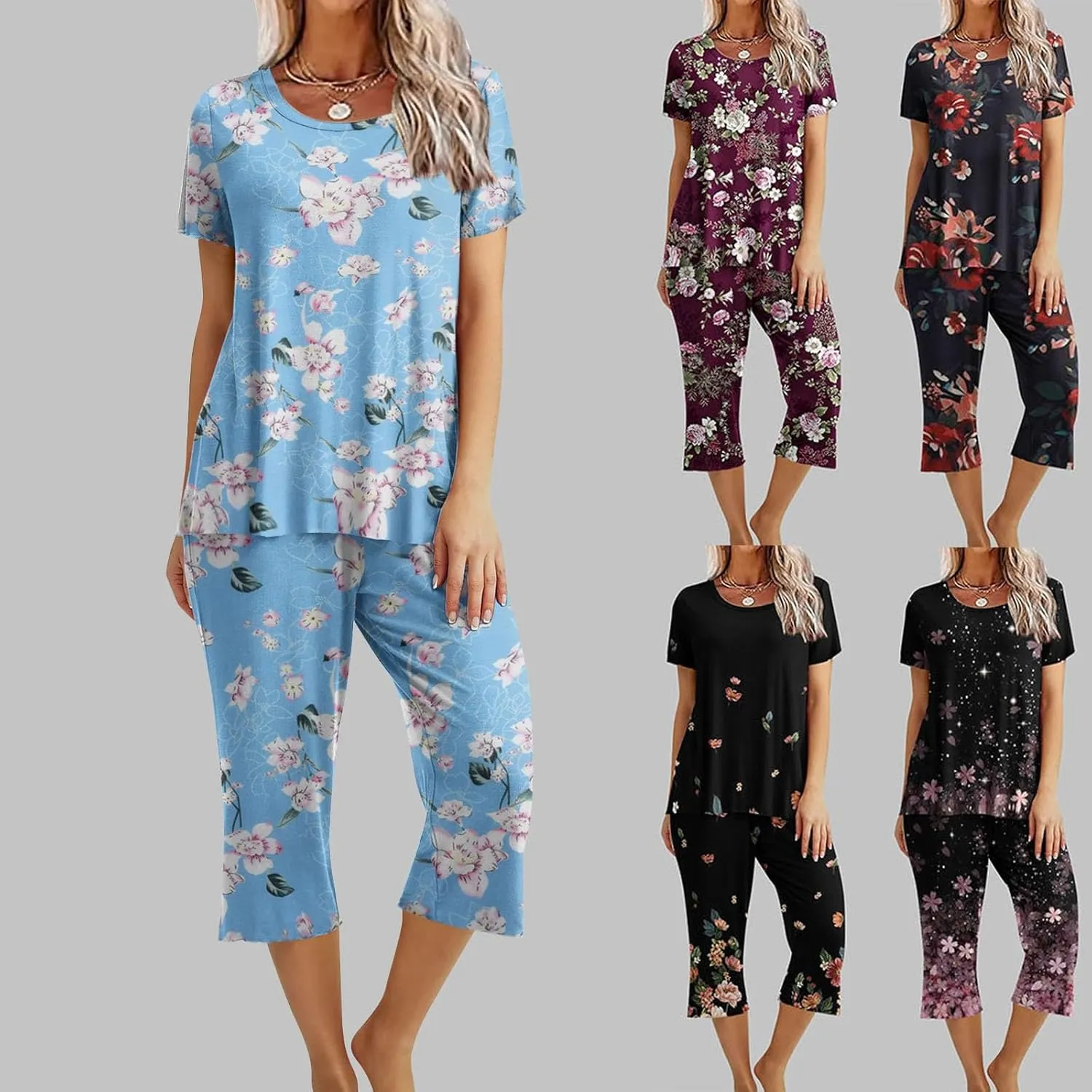 Women's Summer Capris Pajamas Floral Print Short Sleeve Sleepwear Top and Capri Pants 2 Piece Loungewear Sets with Pockets