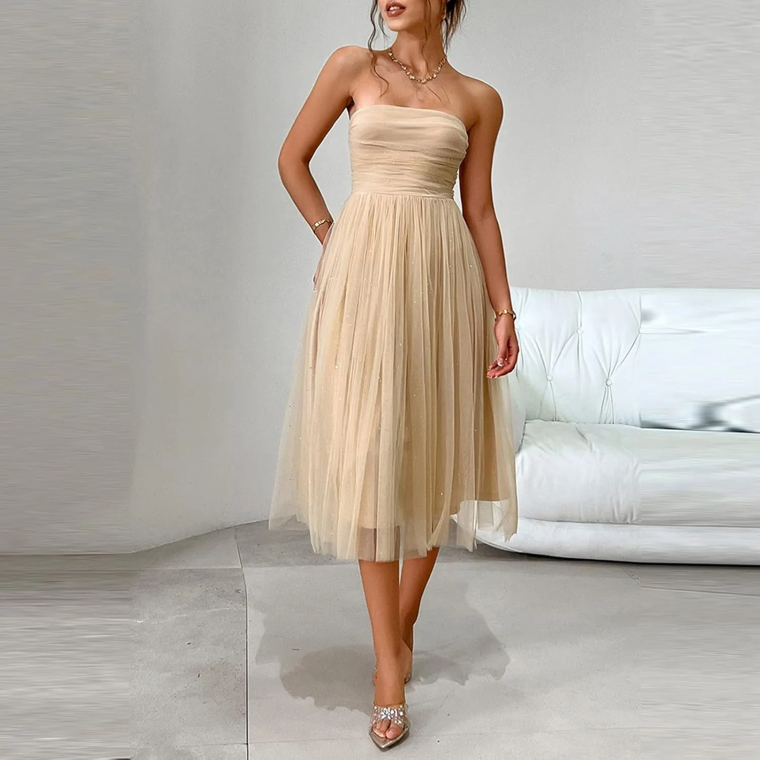 Women's Summer Cocktail Dress Ruched Mini Dress Elegant Strapless A-Line Midi Dress with Sparkling Tulle Overlay