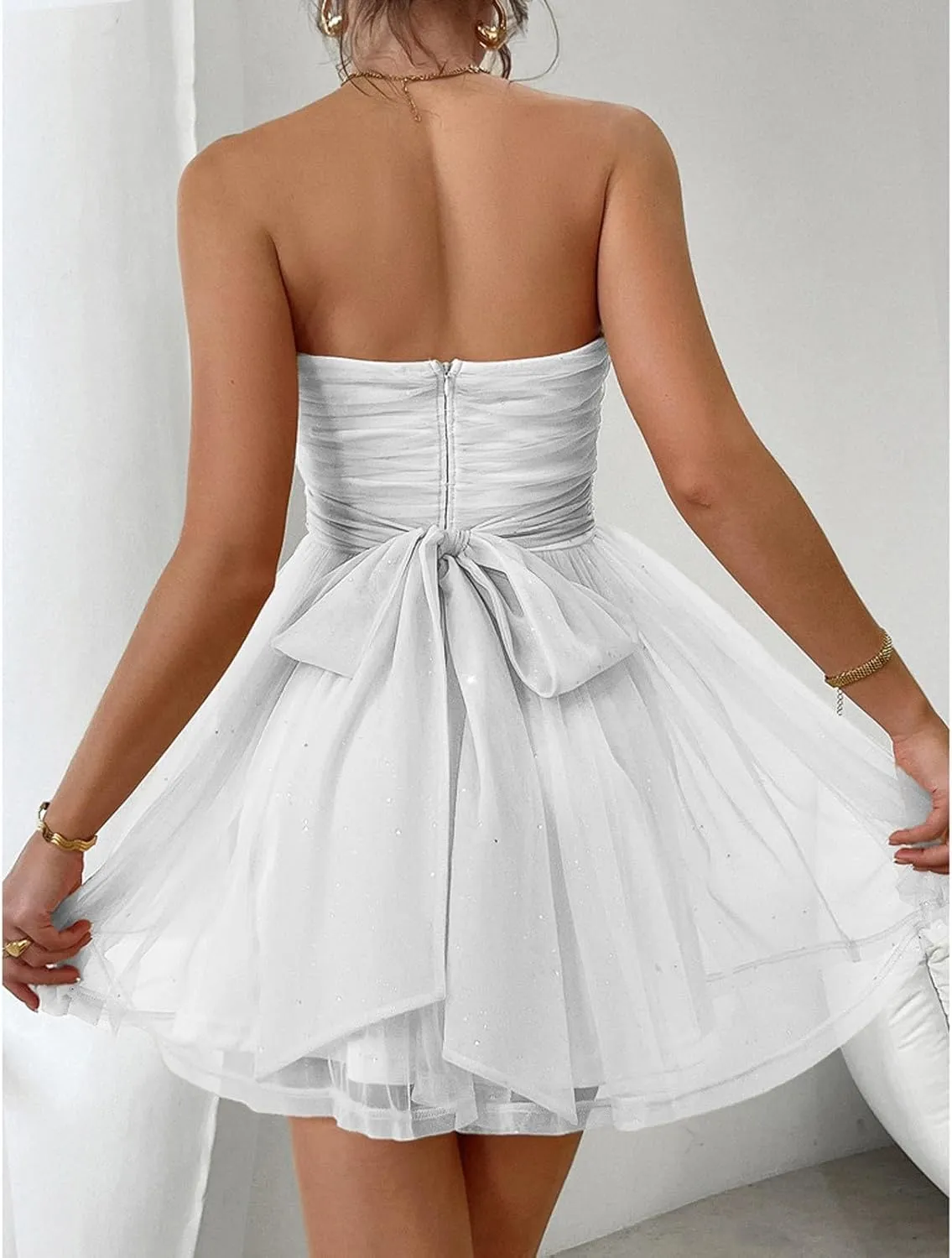 Women's Summer Cocktail Dress Ruched Mini Dress Elegant Strapless A-Line Midi Dress with Sparkling Tulle Overlay
