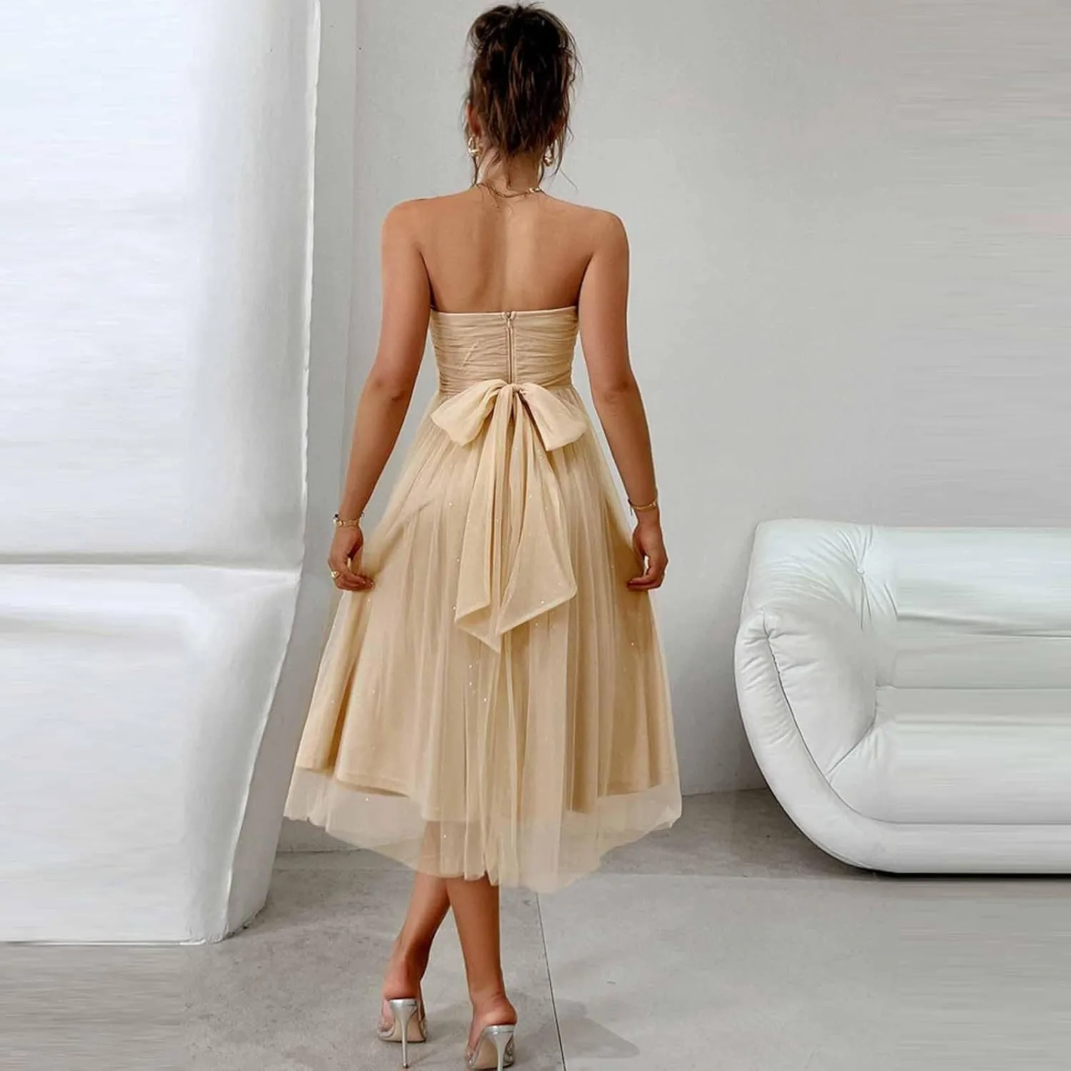 Women's Summer Cocktail Dress Ruched Mini Dress Elegant Strapless A-Line Midi Dress with Sparkling Tulle Overlay